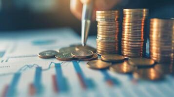 AI generated Close-up, Businesswoman holding coins stacking, Generative AI photo