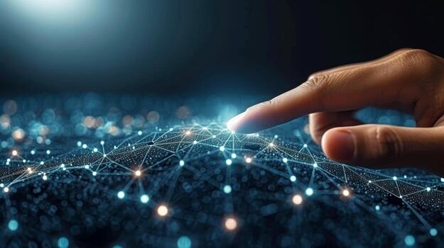 AI generated Businessman finger touching digital data on space background, Generative AI photo