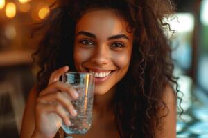 ai generado de cerca, joven mujer Bebiendo agua, mujer disfrutando un refrescante bebida a hogar, generativo ai foto