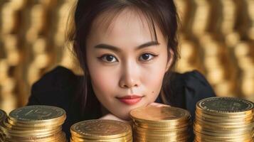 AI generated Close-up, Businesswoman holding coins stacking, Generative AI photo