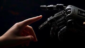 ai generado robot dedo haciendo contacto con humano dedo, generativo ai foto
