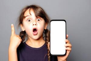 AI generated Close-up, Happy beautiful little girl showing white smartphone, Generative AI photo