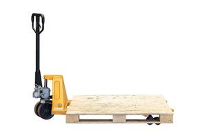 Hand Pallet Truck Manual Pallet Lifting Cargo Move Tool isolated on white background photo