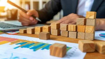 AI generated Close-up, Businessman working in room with wood puzzle stack graph on table, Generative AI photo