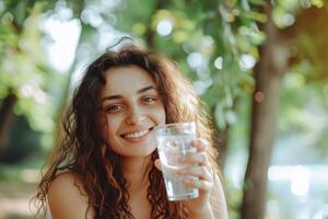 ai generado de cerca, joven mujer Bebiendo agua, mujer disfrutando un refrescante bebida a hogar, generativo ai foto