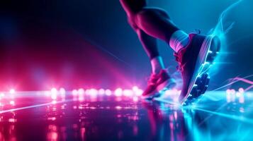 AI generated Close-up,Sporty young man running on blue neon effect background, Generative AI photo