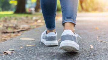 ai generado de cerca, joven mujer caminando y corriendo exterior, generativo ai foto