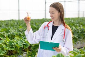 médico científico trabajo investigación en orgánico hierba granja laboratorio descubrimiento medicina píldora extraer desde planta foto