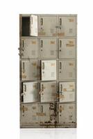 Old Grunge Rusty Metal Locker Vertical Column. Rusted old Cabinet isolated on white with clipping path. photo