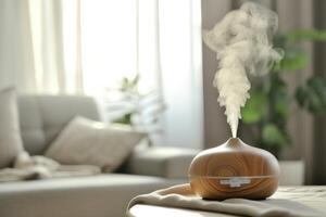 AI generated Aromatherapy Diffuser in Minimalist Home Decor, Embracing Wellness and Self-Care with Gentle Steam in a Bright, Airy Room for Relaxation and Health, Wellness at Home Concept, AI-generated photo
