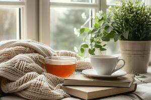 AI generated A minimalist reading nook with wellness books, herbal tea, and a cozy throw blanket for ultimate relaxation and self-care, focused books, a soft throw, and a calming, AI-generated photo