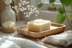 AI generated Self-care ritual with handmade soap and natural loofah on wooden tray, embodying sustainable luxury and wellness, clean, and bright environment, AI-generated photo