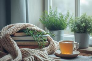 AI generated A minimalist reading nook with wellness books, herbal tea, and a cozy throw blanket for ultimate relaxation and self-care, focused books, a soft throw, and a calming, AI-generated photo