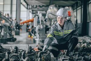 Happy woman engineer worker work in modern machine part factory working check products stock order photo