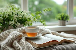 AI generated A minimalist reading nook with wellness books, herbal tea, and a cozy throw blanket for ultimate relaxation and self-care, focused books, a soft throw, and a calming, AI-generated photo