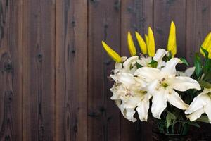 white lilly flower yellow bud decoration on dark pine wooden panel blank space background for advertising photo