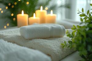 AI generated Home Spa Fluffy White Towels, Serene Calming  Candles, and a Bright, Clean Background for Ultimate Relaxation and Wellness, Relaxing Day at Home, AI-generated photo