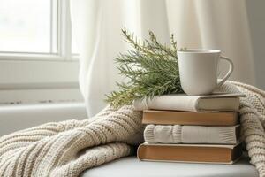 AI generated A minimalist reading nook with wellness books, herbal tea, and a cozy throw blanket for ultimate relaxation and self-care, focused books, a soft throw, and a calming, AI-generated photo