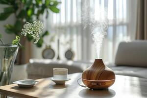 AI generated Aromatherapy Diffuser in Minimalist Home Decor, Embracing Wellness and Self-Care with Gentle Steam in a Bright, Airy Room for Relaxation and Health, Wellness at Home Concept, AI-generated photo