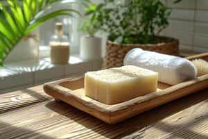 AI generated Self-care ritual with handmade soap and natural loofah on wooden tray, embodying sustainable luxury and wellness, clean, and bright environment, AI-generated photo