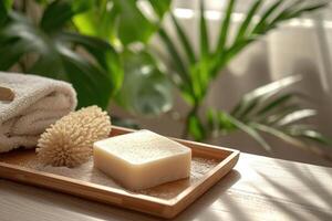 AI generated Self-care ritual with handmade soap and natural loofah on wooden tray, embodying sustainable luxury and wellness, clean, and bright environment, AI-generated photo