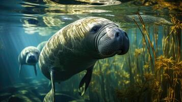 AI generated Manatee Grazing in Seagrass A Serene Underwater Scene Capturing Marine Life and Eco-friendly Aspects on World Seagrass Day, Sea Cow in its Aquatic, Manatee and Seagrass Biodiversity photo