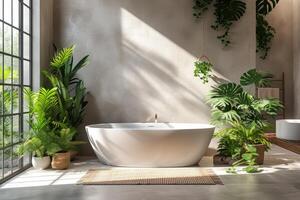 AI generated Modern bathroom minimalist design, freestanding tub, eco-friendly decor illuminated surrounded by lush indoor plants and bathed in natural light, wellness and tranquility at home photo