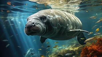 AI generated Manatee Grazing in Seagrass A Serene Underwater Scene Capturing Marine Life and Eco-friendly Aspects on World Seagrass Day, Sea Cow in its Aquatic, Manatee and Seagrass Biodiversity photo