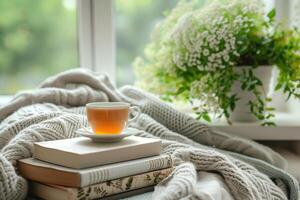 AI generated A minimalist reading nook with wellness books, herbal tea, and a cozy throw blanket for ultimate relaxation and self-care, focused books, a soft throw, and a calming, AI-generated photo