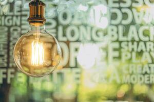 light bulb with green blur text background for creative idea energy innovation concept background photo