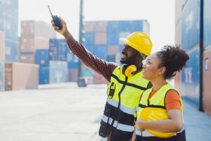 African worker people teamwork happy working together in port cargo shipping industry loading container yard photo