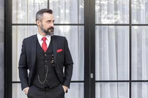 Portrait hispanic latin moustache gentlemen fashion stylish dressing tuxedo jacket suit smart handsome model. Business man boss lawyer latino standing. photo