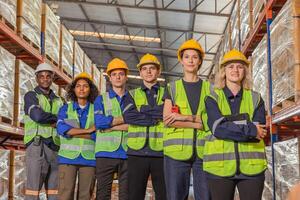 group of people worker warehouse staff team standing together for inventory products shipping store teamwork photo