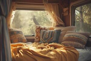 ai generado dentro el camper camioneta. almohadas y boho estilo decoración de el casa en ruedas generativo ai foto