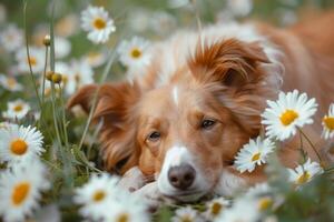 AI generated Dog lying in a spring sunny garden among the flowers. Generative AI photo