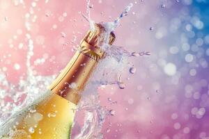 AI generated Open bottle of champagne with splash on pastel colored background. Generative AI photo