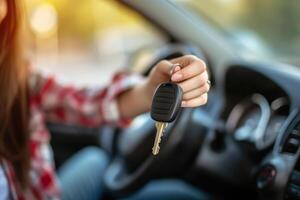 AI generated Happy woman driver hold car keys in her new car. Generative AI photo