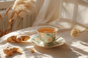 AI generated Ginger tea in ceramic cup with ginger root on sunny light background. Generative AI photo