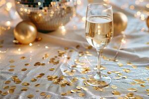 AI generated Festive party composition with glasses of champagne, confetti, gold decorations and disco ball. Generative AI photo