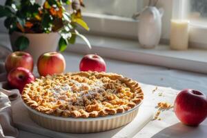 AI generated Apple crumble on the kitchen background with apples. Generative AI photo