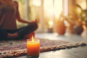 ai generado mujer practicando meditación en el borroso antecedentes con frente ver de un perfumado vela. generativo ai foto