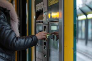 ai generado persona utilizando boleto máquina a el estación. comprando Entradas para público transporte. generativo ai foto