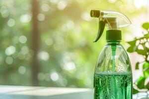 AI generated Green cleaning spray bottle with bubbles on sunny background. Spring cleaning concept. Generative AI photo