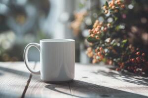 AI generated Blank white mug mockup with flowers on sunny light background. Generative AI photo