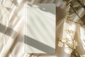 AI generated Mockup of a blank cover white book with a sunny background. Generative AI photo