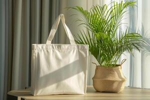 AI generated Blank canvas tote mockup on a table with a decorative plant. Generative AI photo