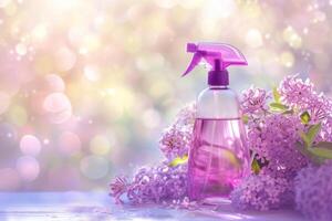 AI generated Violet cleaning spray bottle with bubbles on sunny background. Spring cleaning concept. Generative AI photo