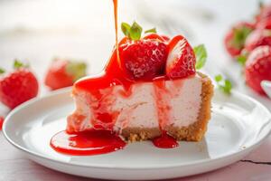 AI generated Strawberry cheesecake with a drizzle of strawberry sauce. Generative AI photo