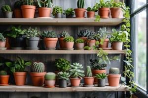 AI generated Shelf filled with potted plants. Home decor and tree lover concept. Generative AI photo