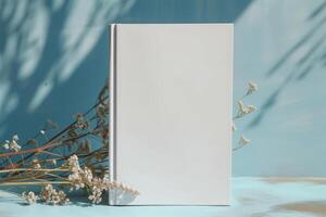 AI generated Mockup of a blank cover white book with a sunny background. Generative AI photo